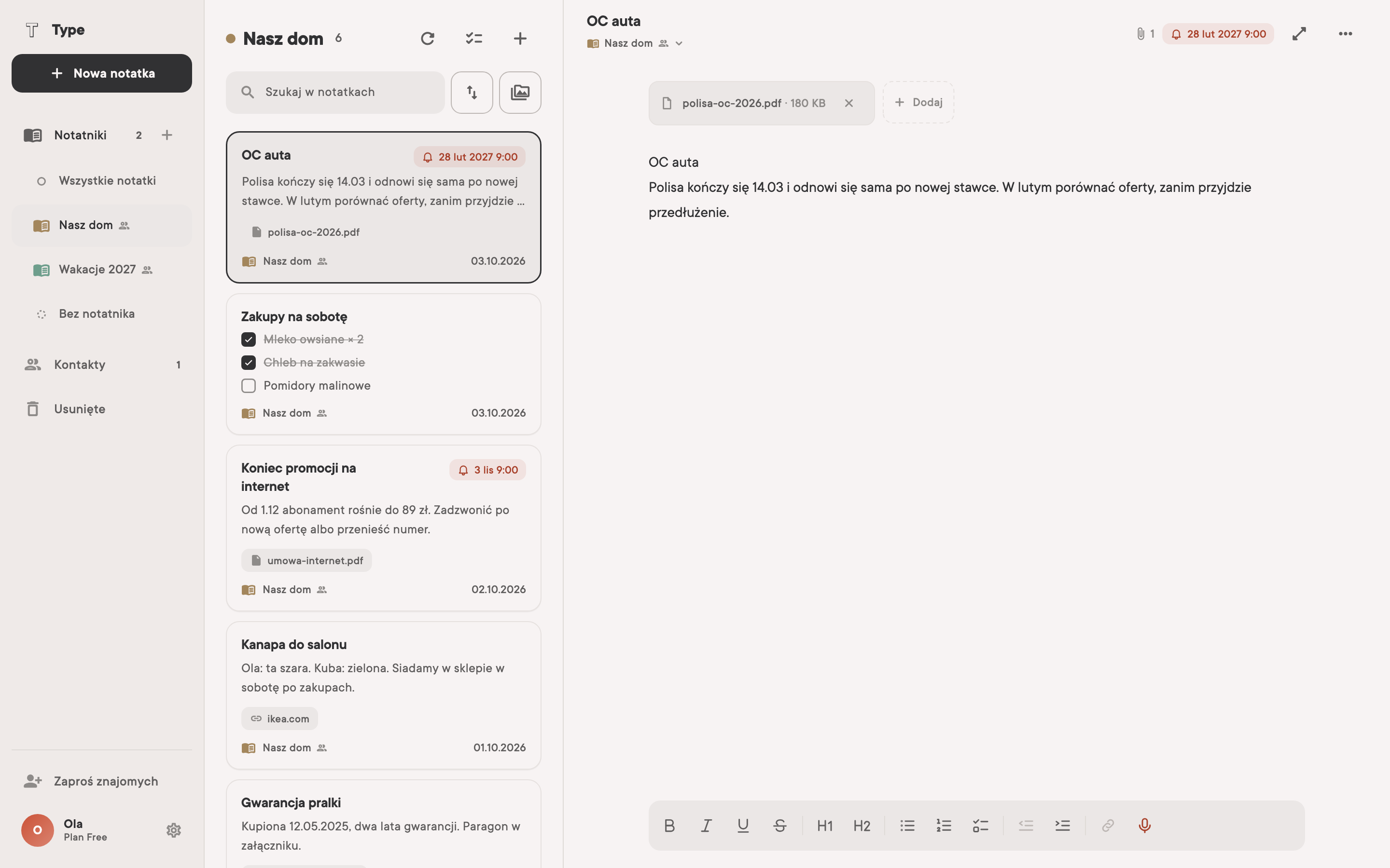 Wspólny notatnik „Nasz dom” w Type: polisa OC z PDF-em i przypomnieniem, lista zakupów odhaczana w sklepie, koniec promocji na internet, gwarancja pralki — widoczne dla obojga