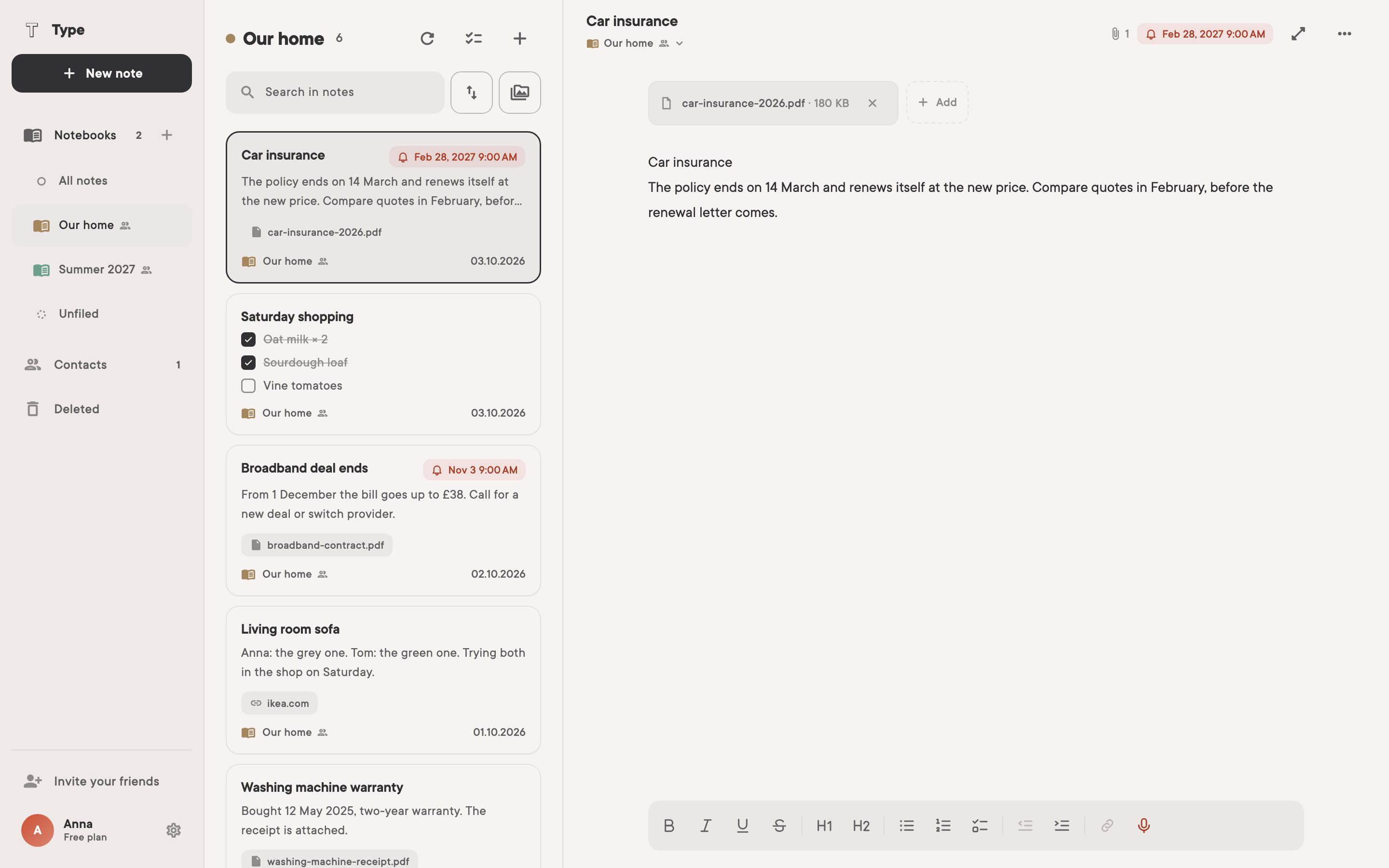 A shared notebook in Type — “Our home”: car insurance with the PDF and a reminder, the Saturday shopping ticked off in the shop, the broadband deal ending, a sofa link and a washing machine warranty, the same for both of you