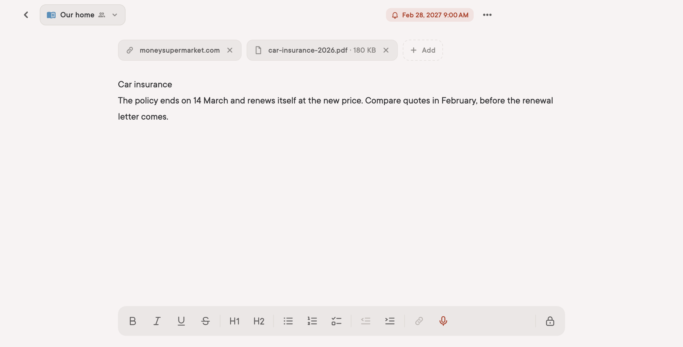A car insurance note with the policy PDF, a link and a reminder