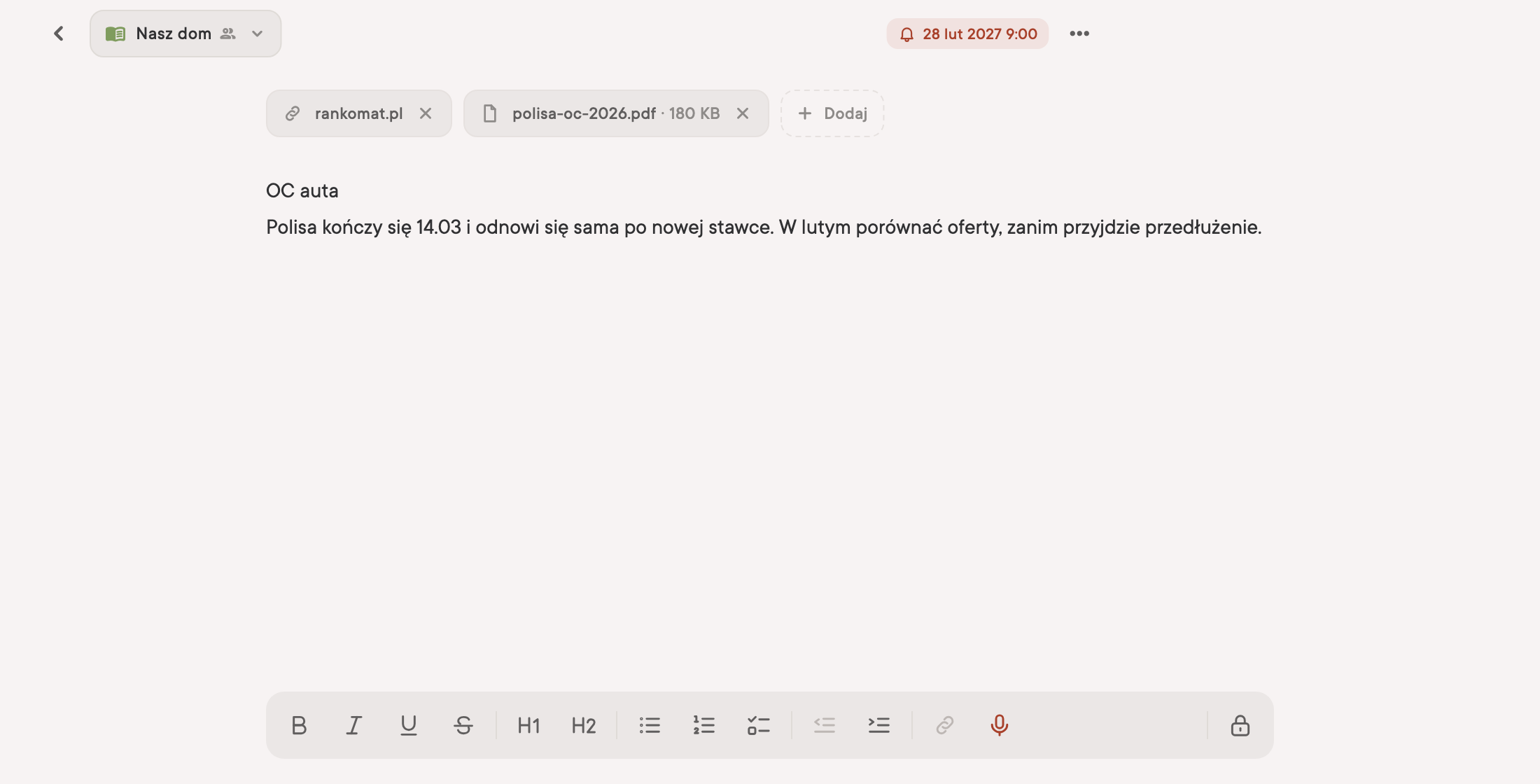 Notatka „OC auta” z polisą w PDF, linkiem i przypomnieniem