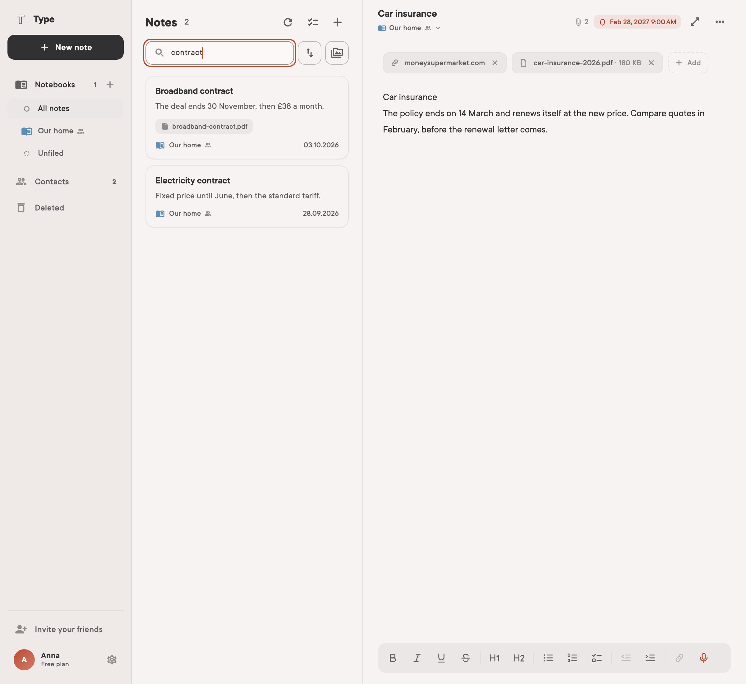 Searching notes for “contract” with two matching results